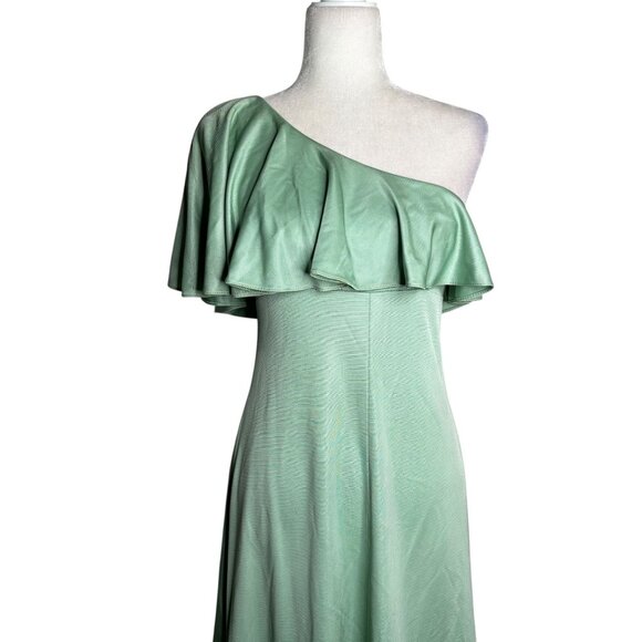 Vintage 70s One Shoulder Mint Green Maxi Dress Small Ruffle Overlay Zipper - Picture 2 of 12